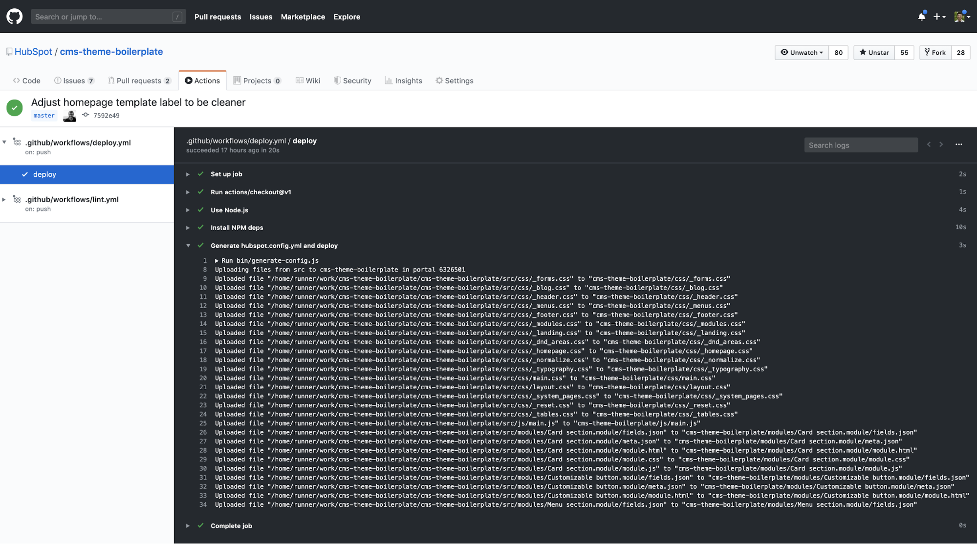 Screenshot der GitHub-Schnittstelle mit der GitHub-Bereitstellungsaktion