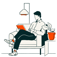 Illustration einer Person, die auf einem Stuhl sitzt und ein Tablet nutzt